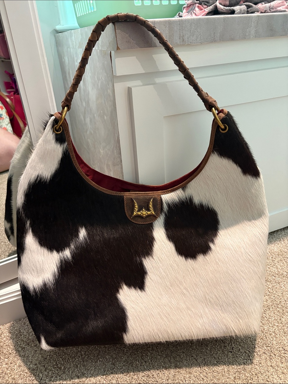 Cowhide Shoulder Hobo Bag with Brown Trim